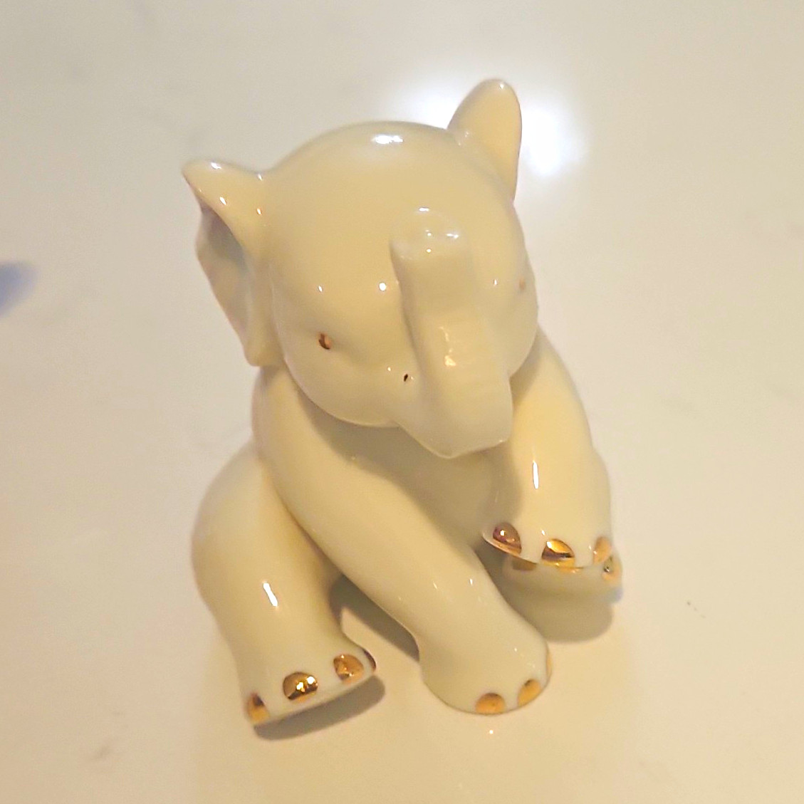White Porcelain Elephant Figurine Sitting Trunk Up Seated Elephant Decor