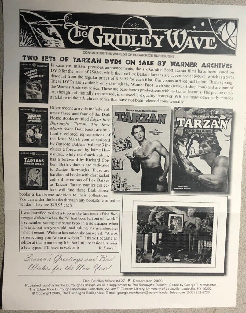 THE GRIDLEY WAVE #327 (2009) 2-page Edgar Rice Burroughs Tarzan fanzine THE GRIDLEY WAVE #327 (2009) 2-page Edgar Rice Burroughs Tarzan fanzine