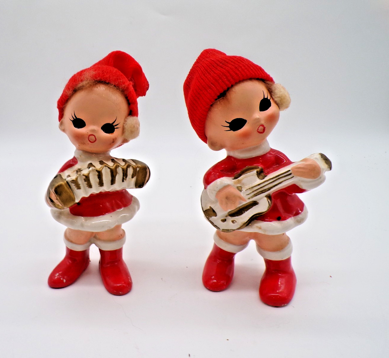 Vintage Ardco Japan Set 2 Girl Musician Figurines Stockinette Cap Hair