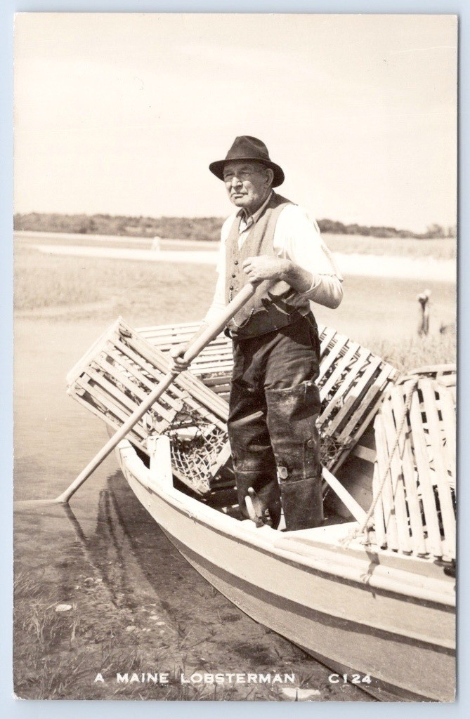Maine Lobsterman Fisherman Lobster Traps Dory Boat c1940 RPPC Postcard