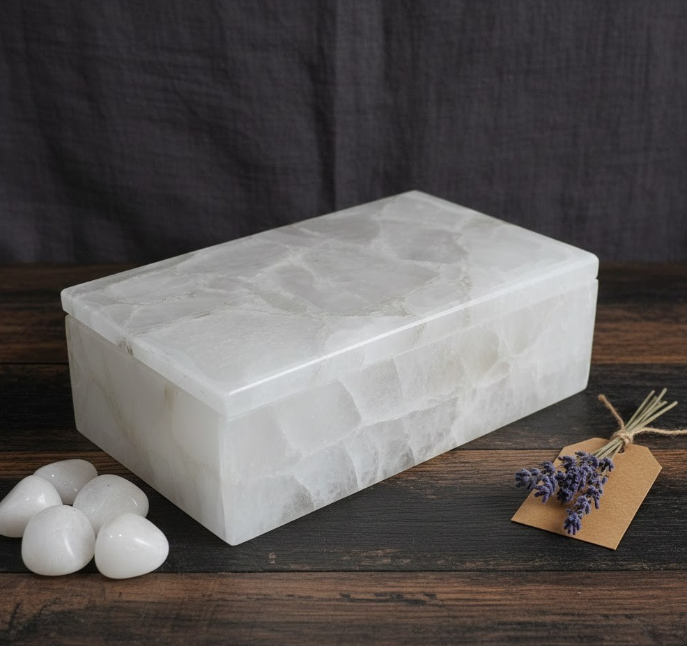 Handcrafted White Quartz Jewelry Box, Minimalist Stone Keepsake Box