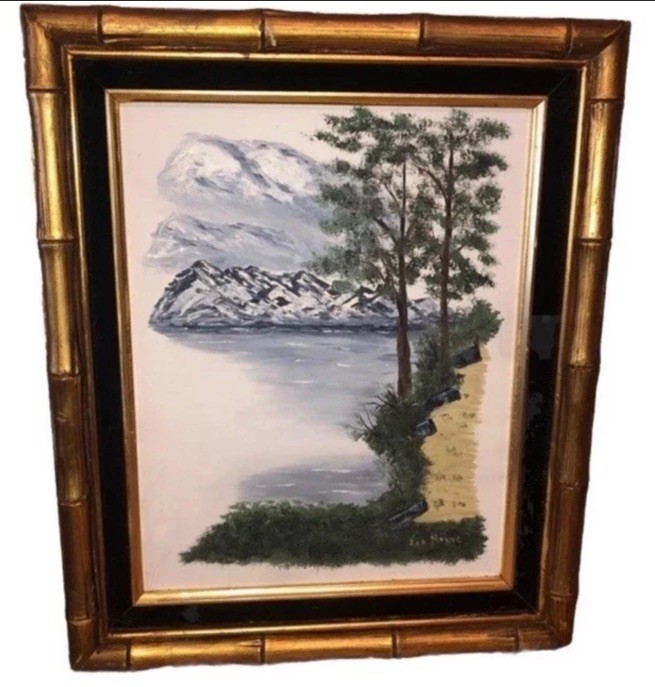 Nice Vintage MCM 18” OIL PAINTING Signed 1960s Bamboo Shaped Frame Eva Meyers Nice Vintage MCM 18” OIL PAINTING Signed 1960s Bamboo Shaped Frame Eva Meyers