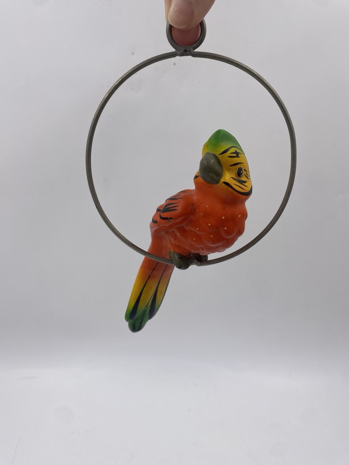 Vtg Hand Painted Ceramic Parrot Figurine Hanging On Metal Ring Folk Art