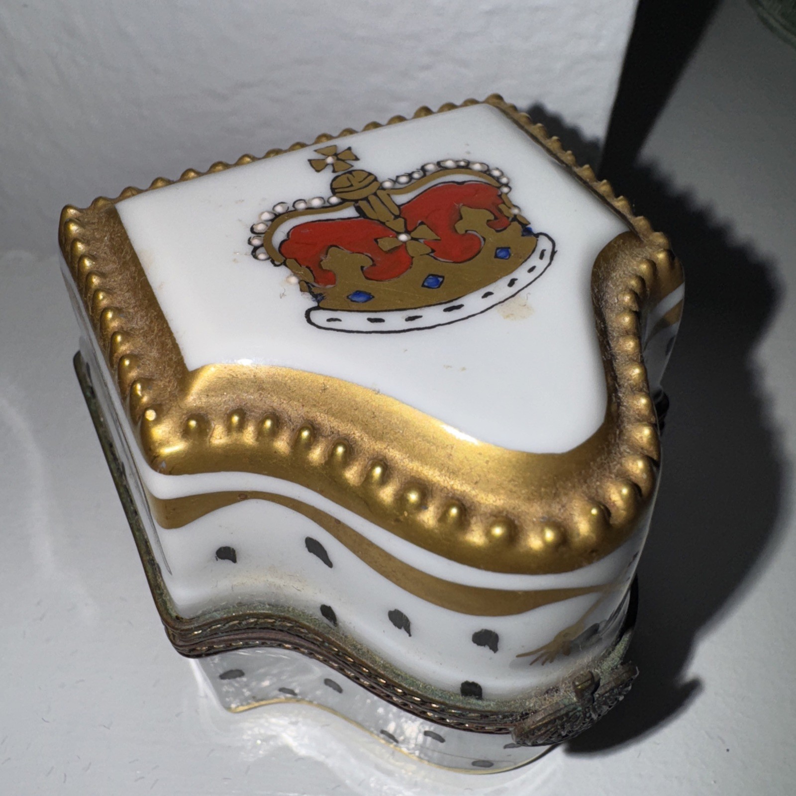 Rare Limoges Porcelain Trinket Box Crown Ermine Blue Perfume Bottles