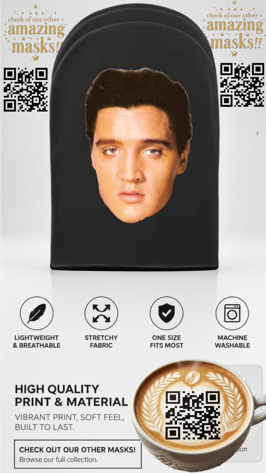 🤴Elvis Presley SeeThru Mesh Face Mask The King Of Rock Party Costume Halloween 