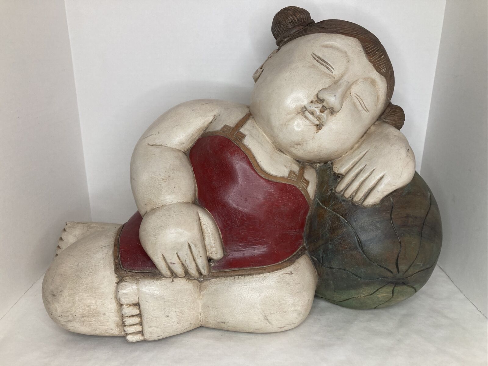 Vintage Large Hand-Carved Solid Wood Asian Girl Sleeping on Melon 14” Out/Indoor
