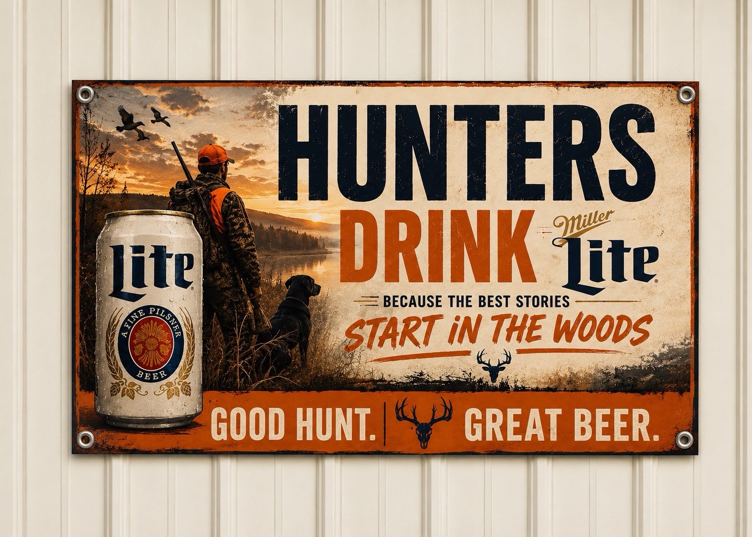 Hunters drink Miller Lite beer Banner shop mancave