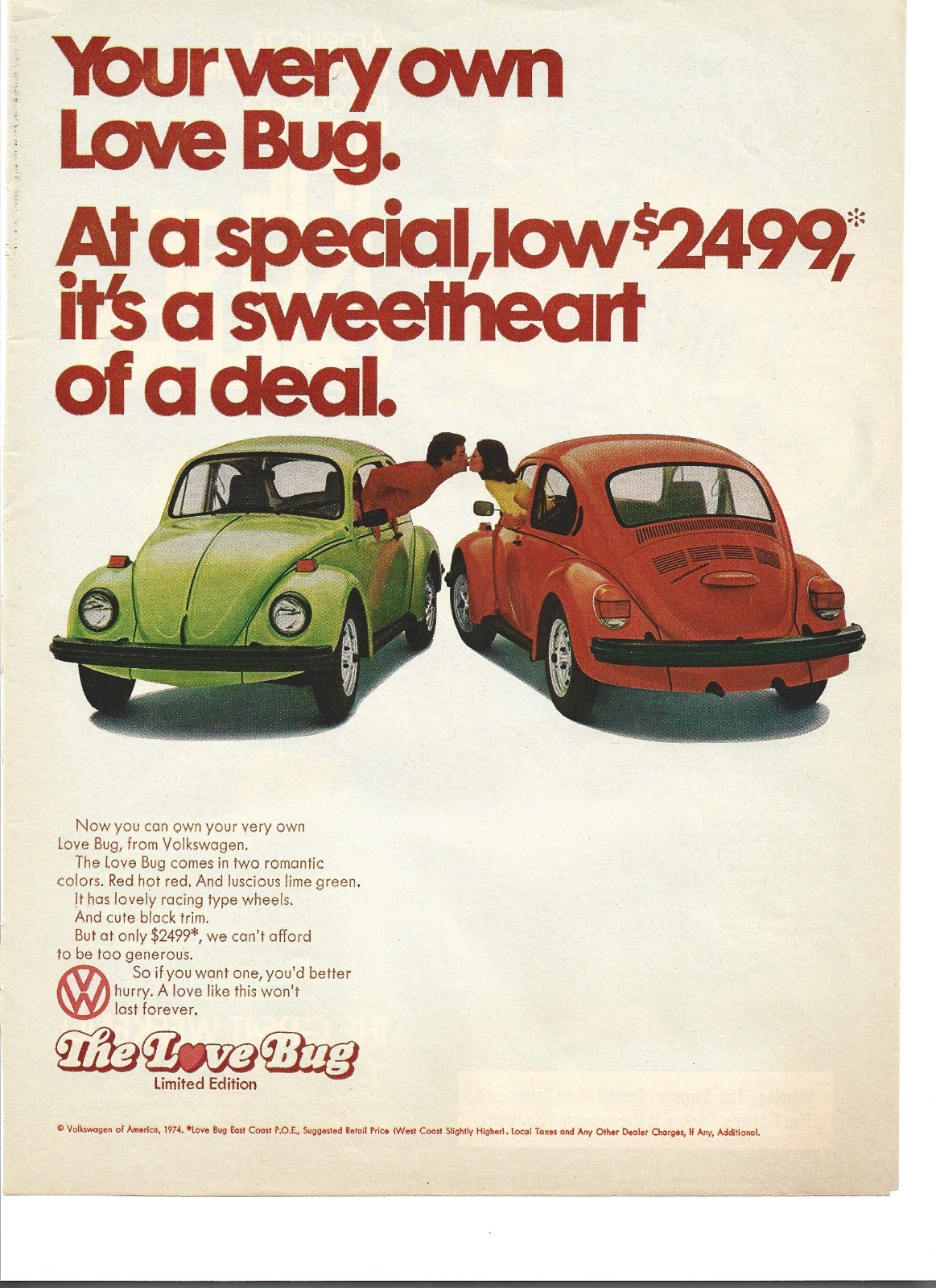 Original 1974 Volkswagen Beetle ( Love Bug ) vintage print ad: 