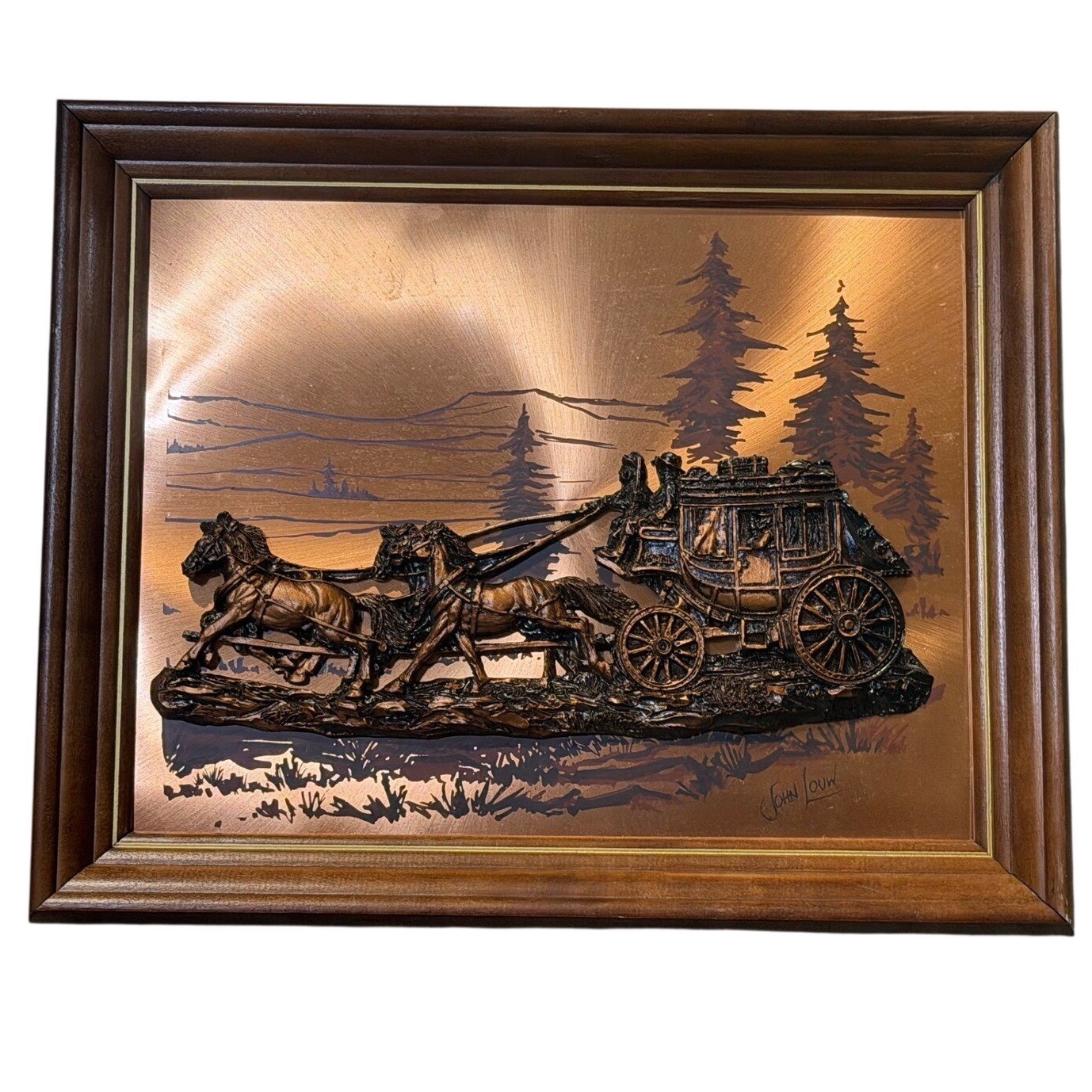 Vintage 1976 John Louw 3D Copper Relief US Mail Stagecoach Framed Wall Art 13x16