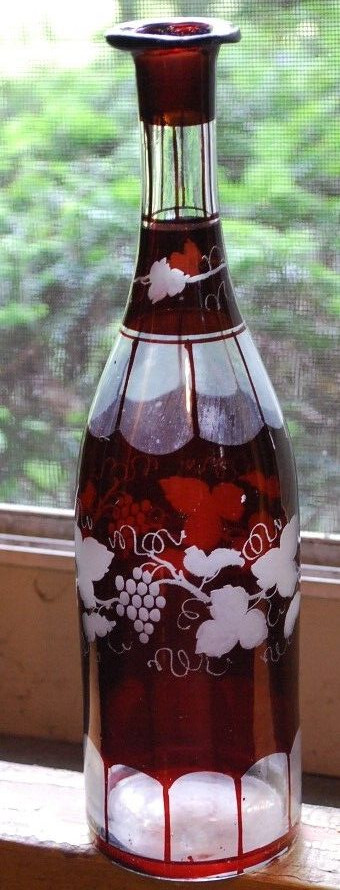 RARE Antique Victorian ETCHED GRAPEVINE DECANTER Art Glass Hand Cut PAINTED RED
