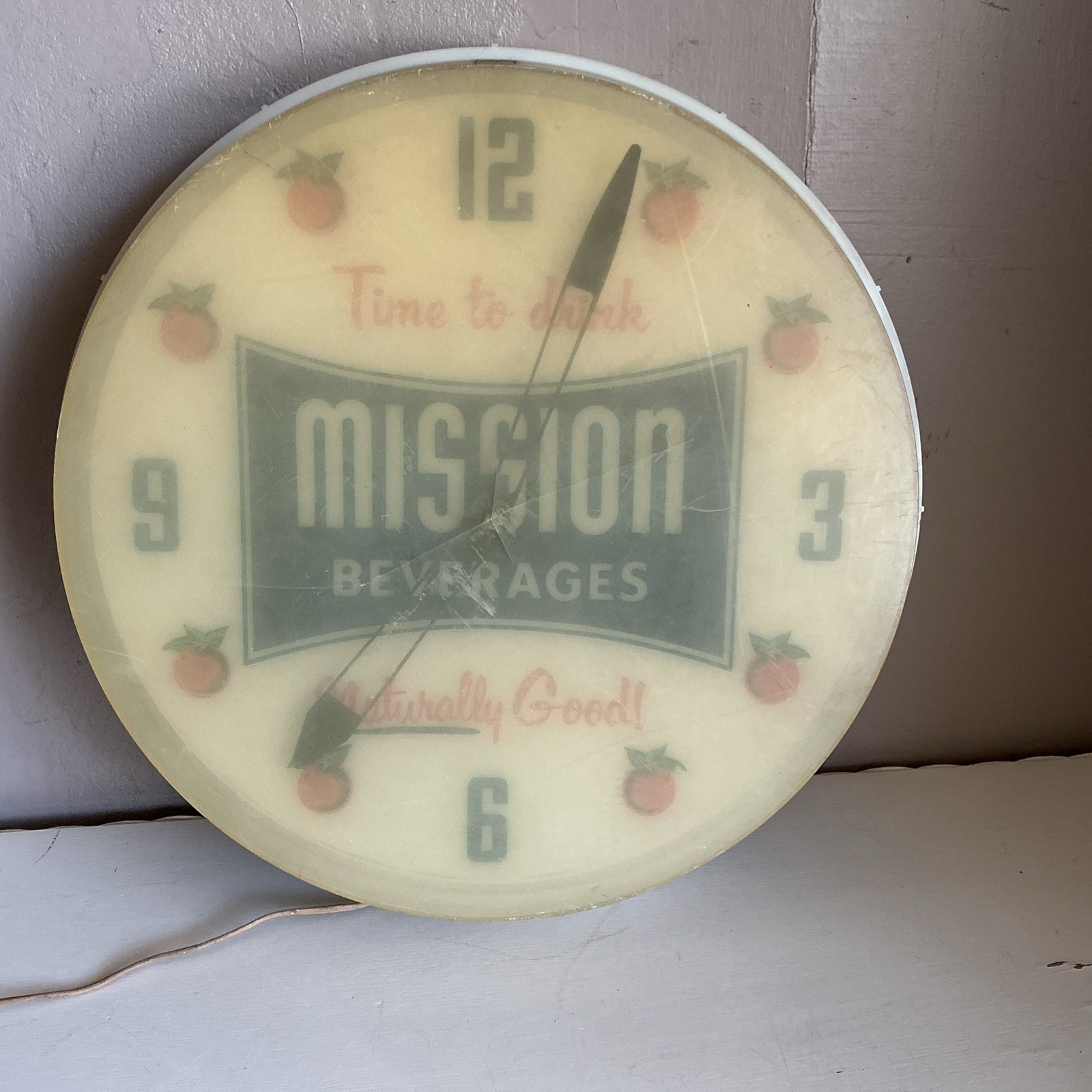 Vintage Mission Beverages Wall Clock Soda Advertising Neon NPI FOR REPAIR