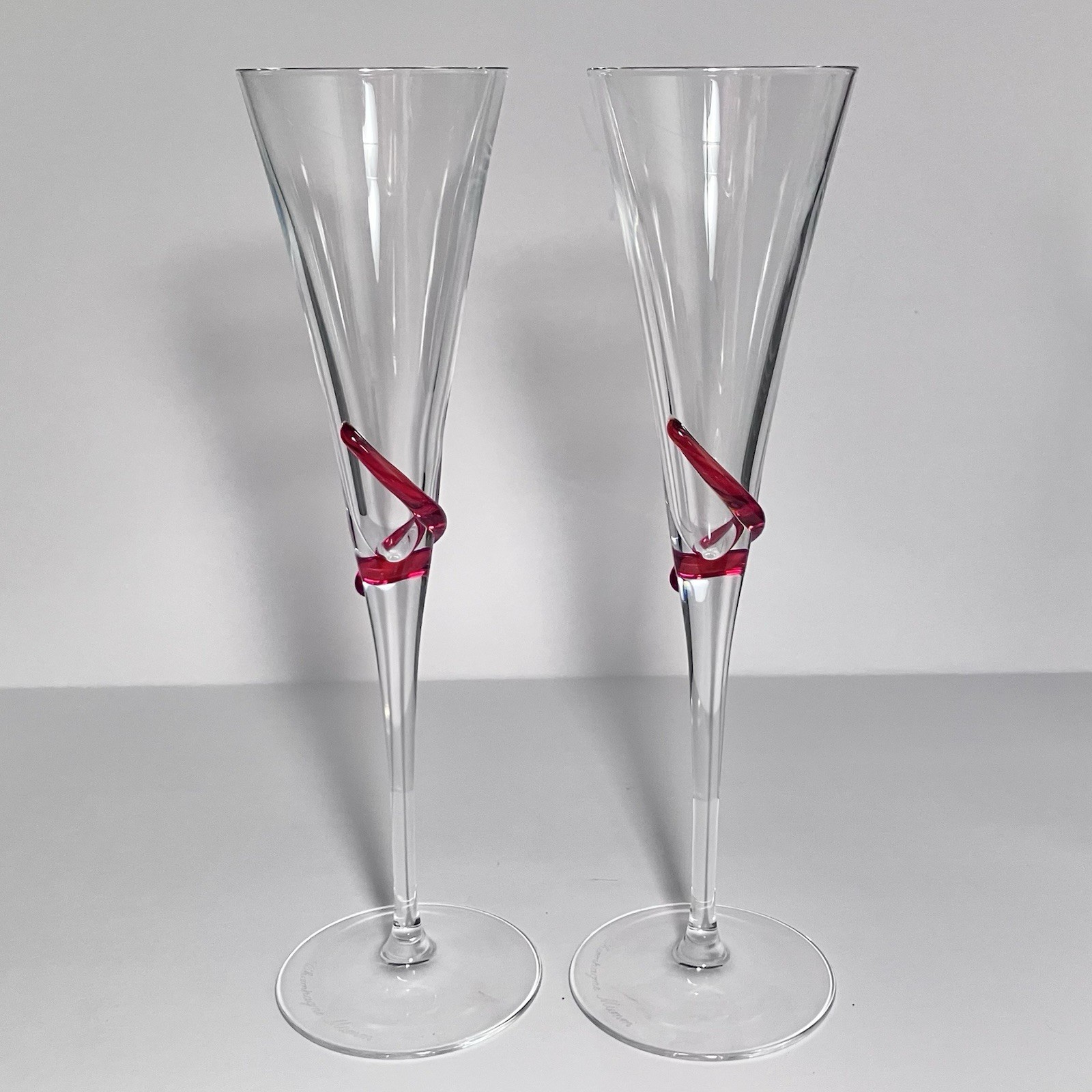 Rare G.H. MUMM CHAMPAGNE Toasting Flutes / CORDON BRUT 1980s / Red Glass Ribbon