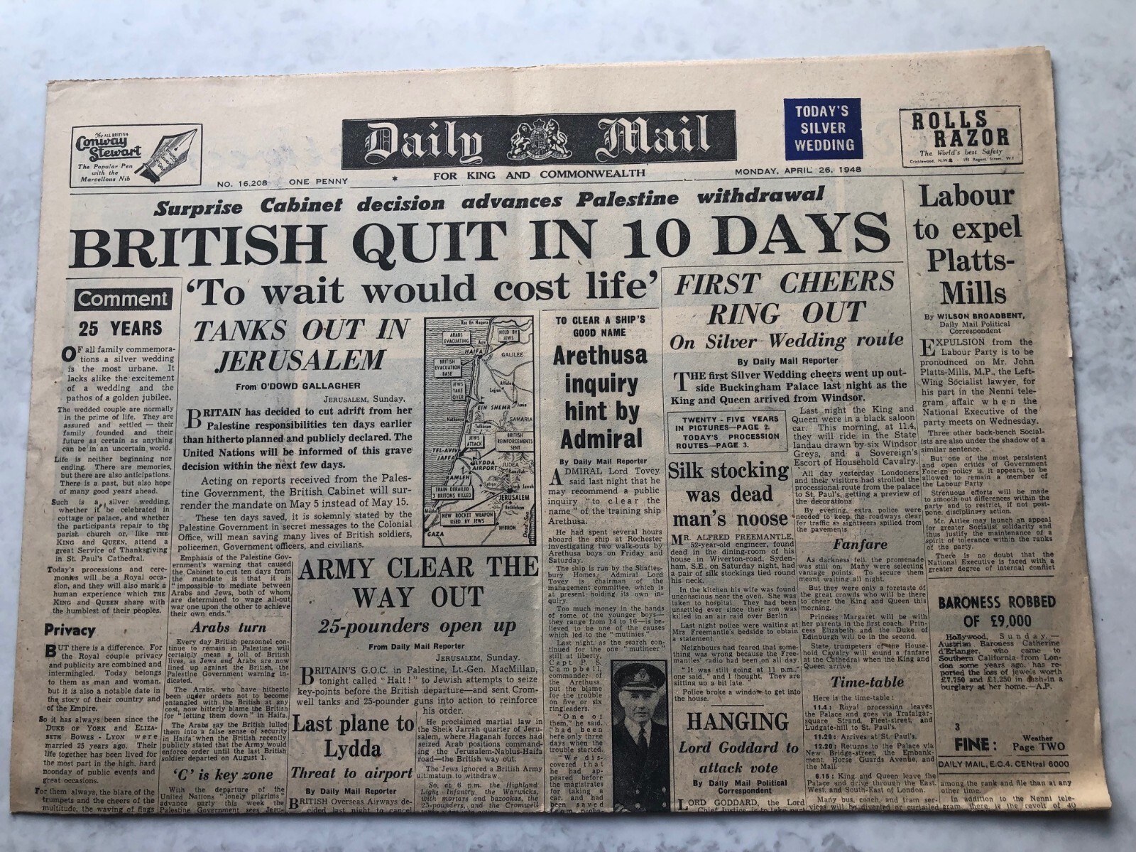 26 APRIL 1948 NEWSPAPER PALESTINE WITHDRAWAL BRITISH QUIT  10 DAYS JERUSALEM
