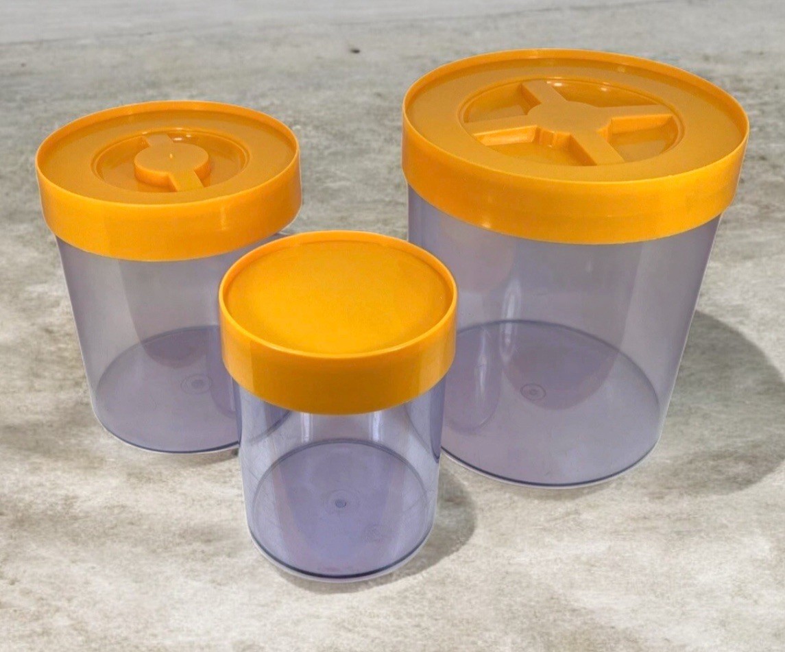 Vintage MCM Danish Nesting Canisters Set (3) Erik Kold Plast Acrylic Orange Lids