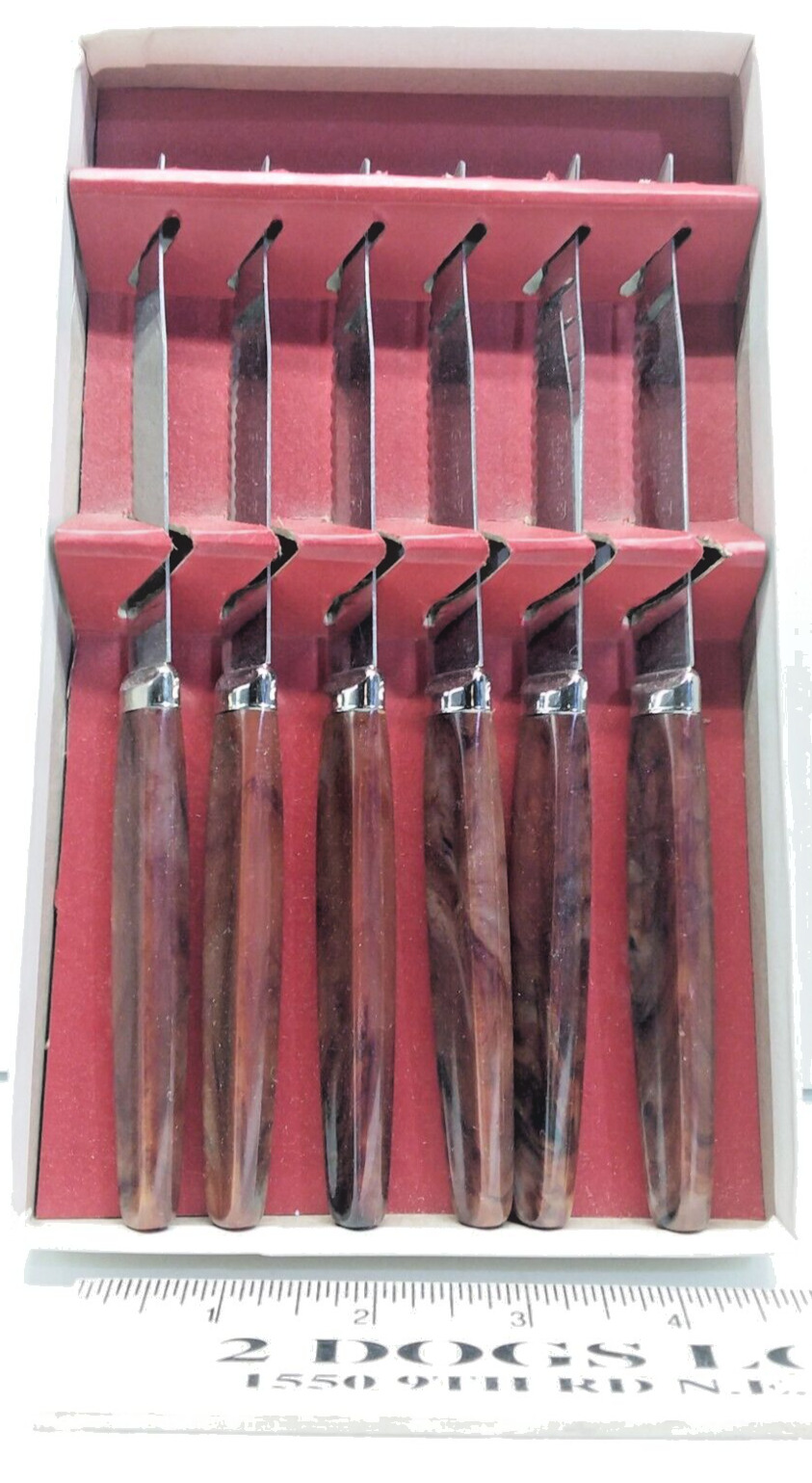 Vintage Regent Sheffield Steak Knifes Set Of 6 Knives With Box , Brown Handles