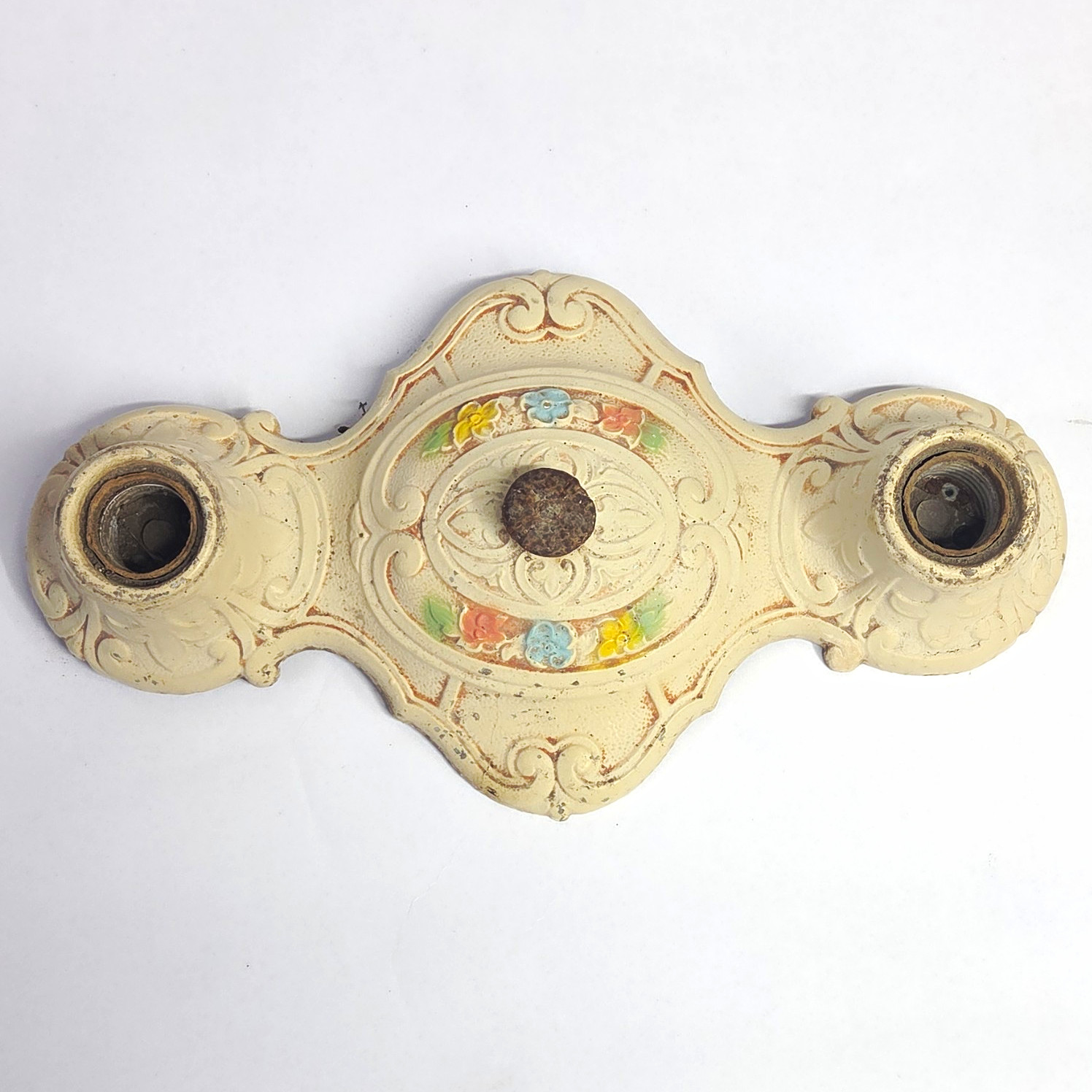 Vintage 2-Light Socket Fixture Plate for Ceiling Lamp, Cream Metal Floral 12 in