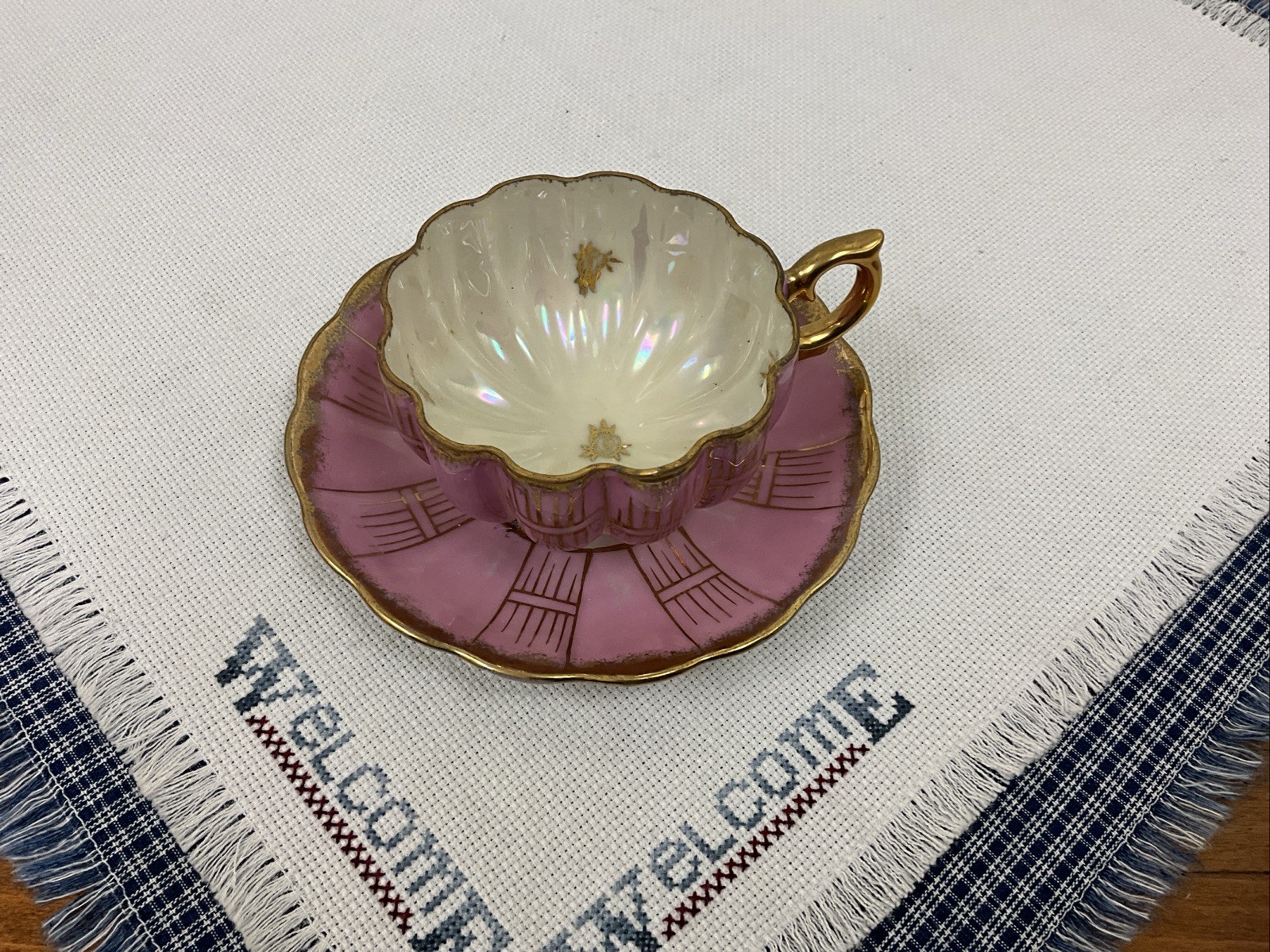 Vtg Royal Sealy China Pink Pearlescent Footed Gold Trim Tea Cup  & Saucer