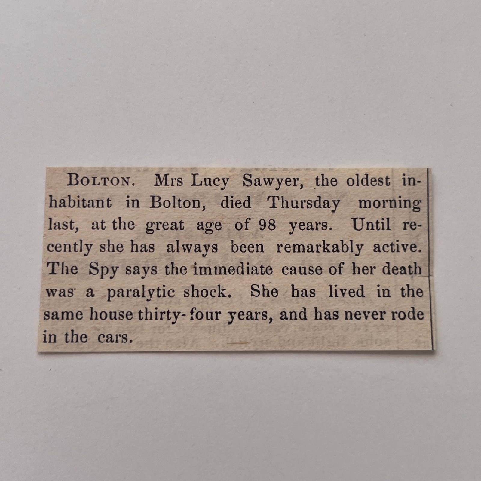 Bolton Mr.s Lucy Sawyer Oldest Habitant 1871 Worcester MA Clipping TAJ8-S81