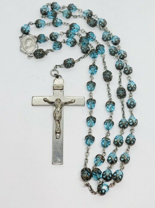 Filigree wrapped crystal beaded Rosary Silver Tone INRI 22\