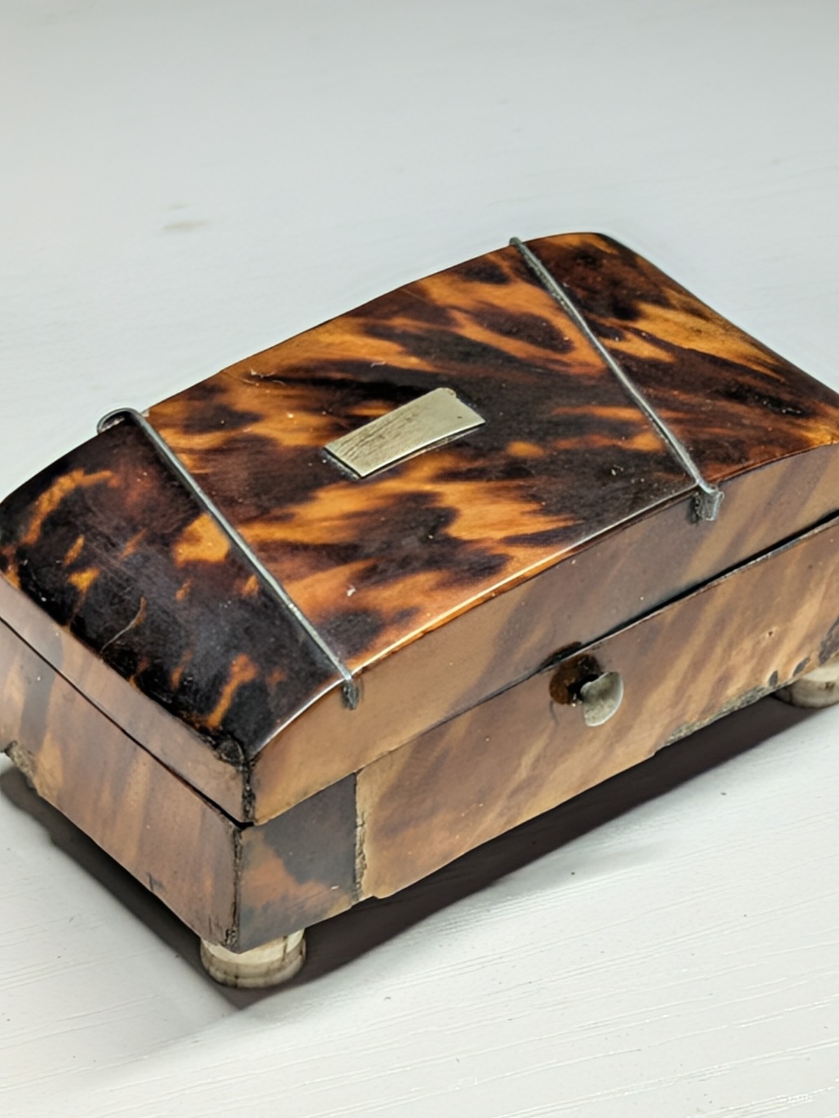 Antique Regency Faux Tortoise Footed Snuff Box Inlaid Stringing Blue Paper Caddy