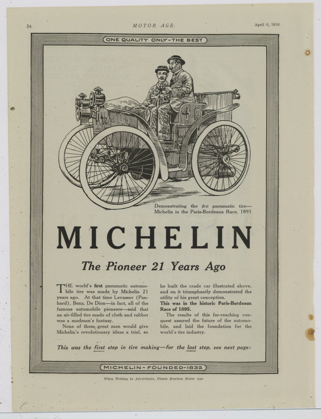 1916 Michelin Tires Ad: First Pneumatic Tire - 1895 Paris to Bordeaux Race Pic