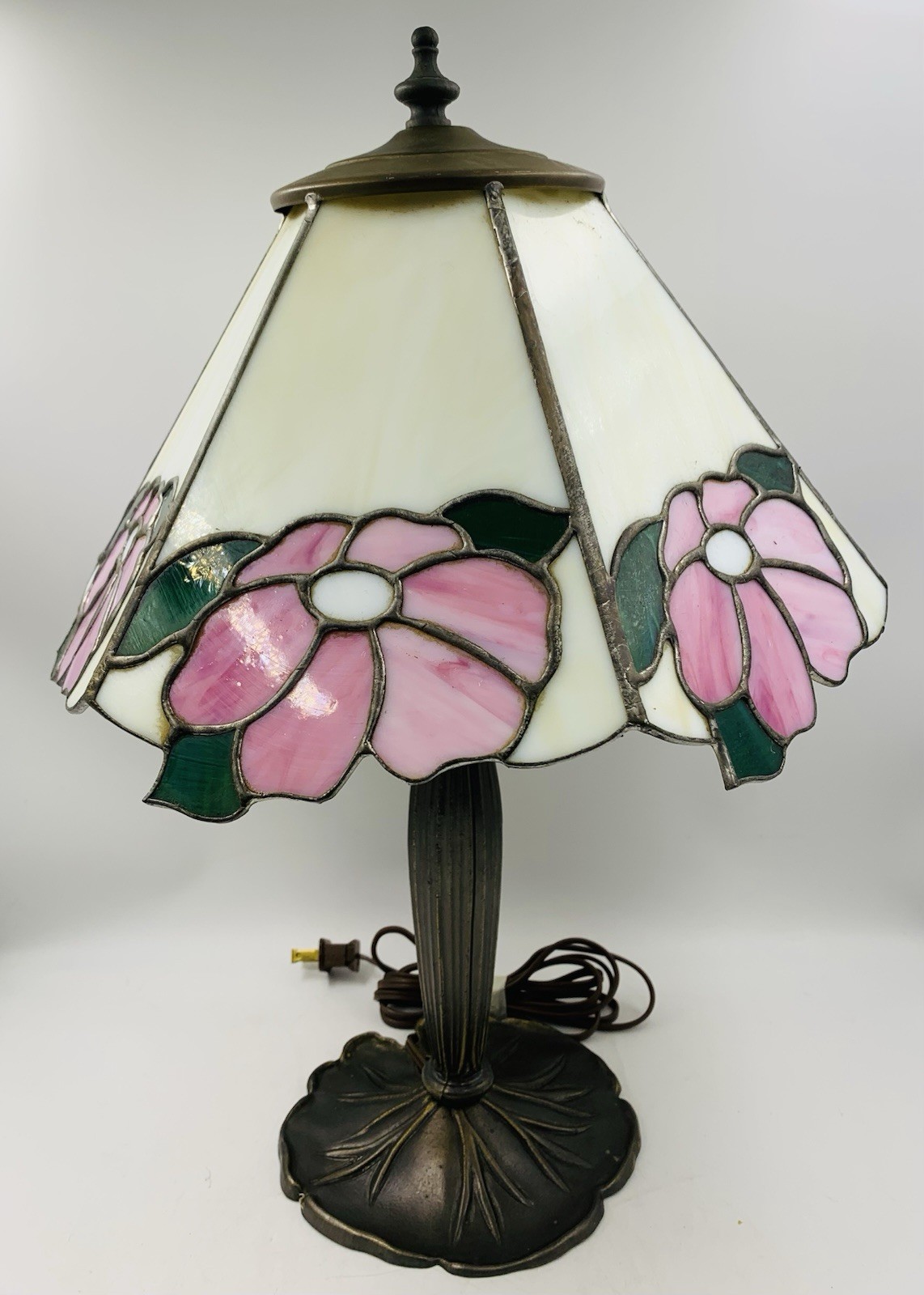 Vintage L&LWMC Tiffany Style Stained Glass  Pink Floral Brass Lamp