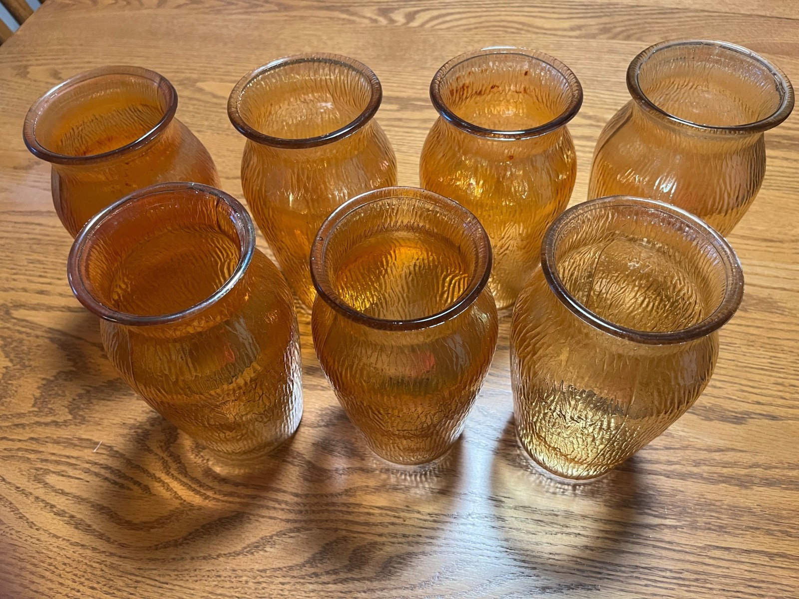 lot of 7 Vintage Jeannette Carnival Glass Vase Tree Bark Marigold Iridescent 7.5