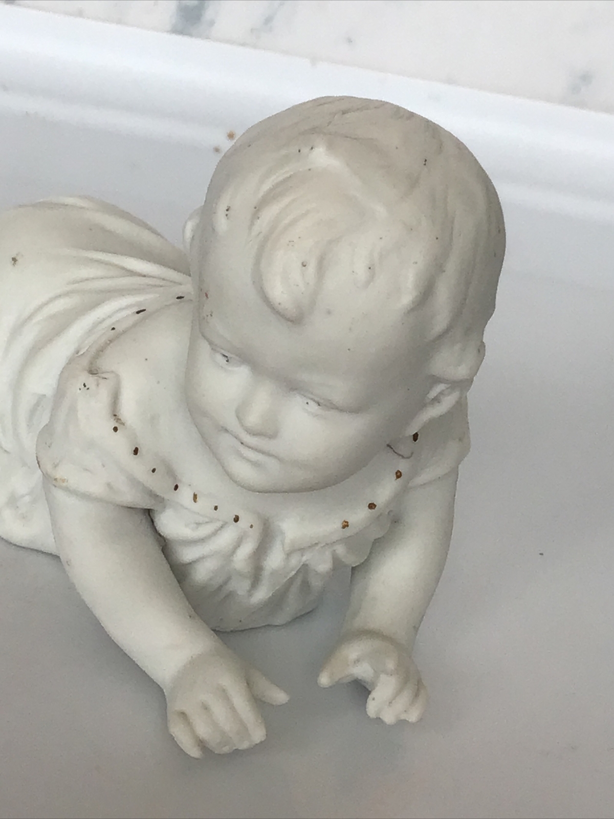 Antique 1879-86 Bisque Unger & Schneider Prone Piano Baby 6” Long Figurine #7128