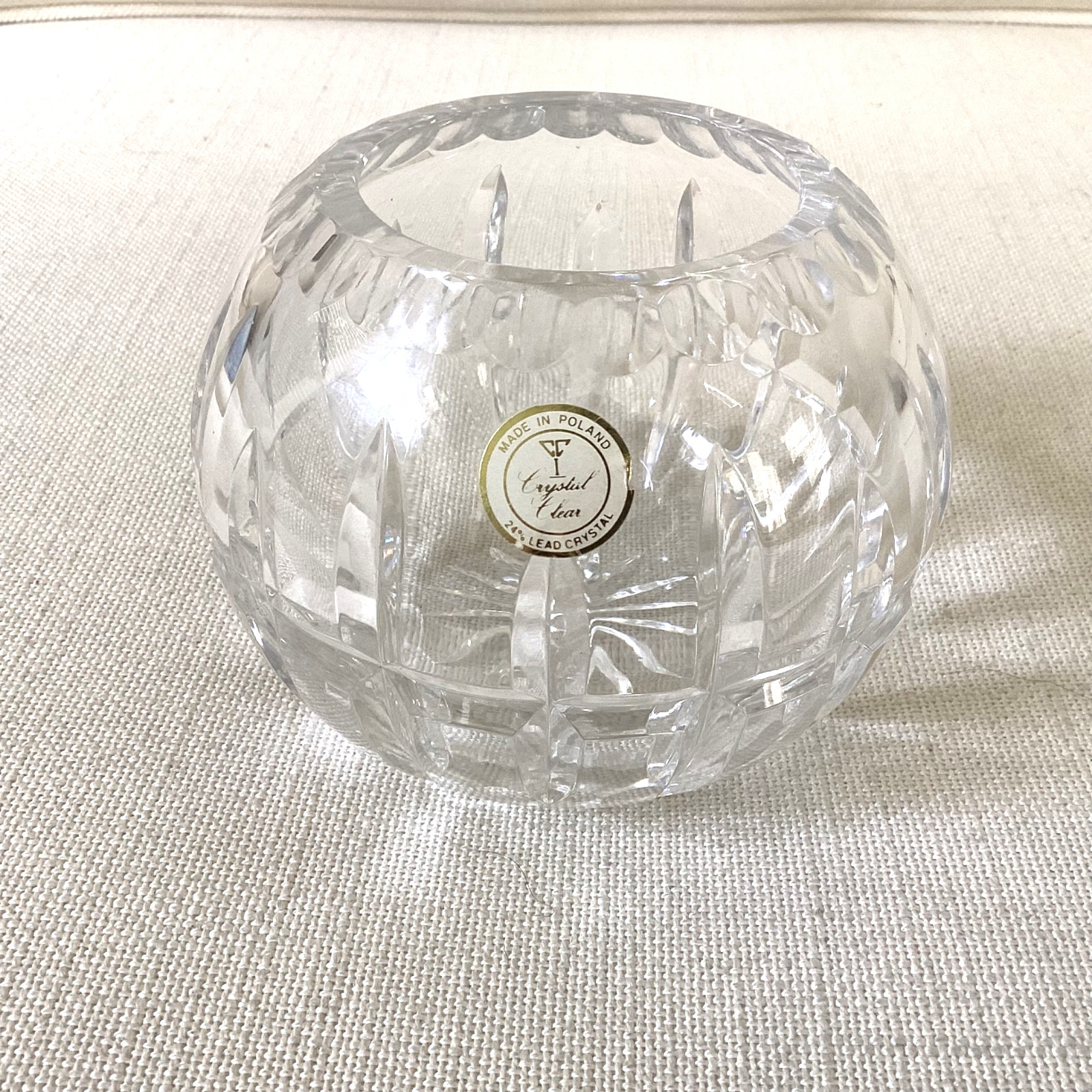 VTG  24% Lead Crystal Clear Rose Bowl Vase Made In Poland 4”H x5”W-Mid Century