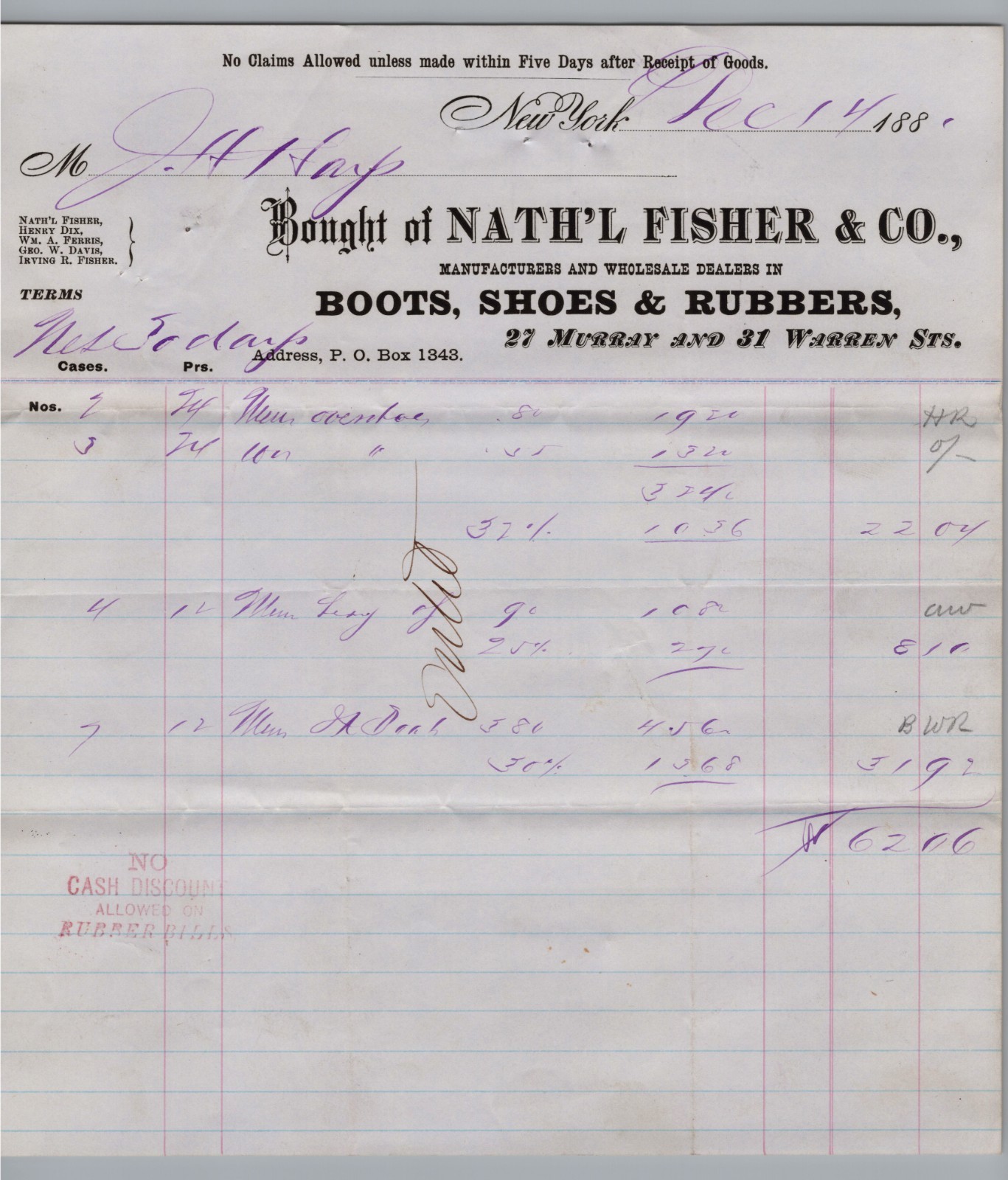 1881 Vintage Billhead Nath\'l Fisher & Co New York City Boots Shoes Rubbers