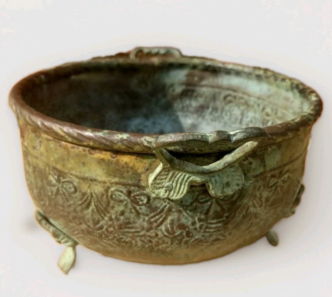 Antique 19th C French Copper Jardiniere Planter Repousse Verdigris Brass Cachepo