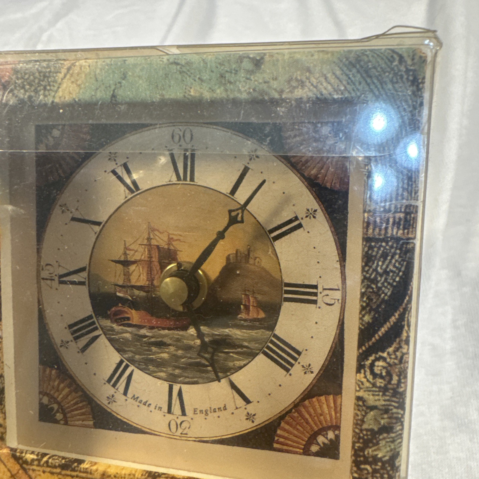 Vintage Roger Lascelles London Miniature Mantel Clock Sailing Ship Map New