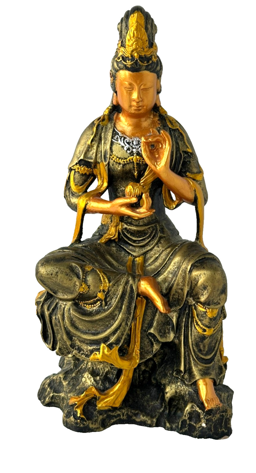 Guanyin Bodhisattva Buddha Statue Sitting Lotus Gold Black Resin Figurine 10 Inc