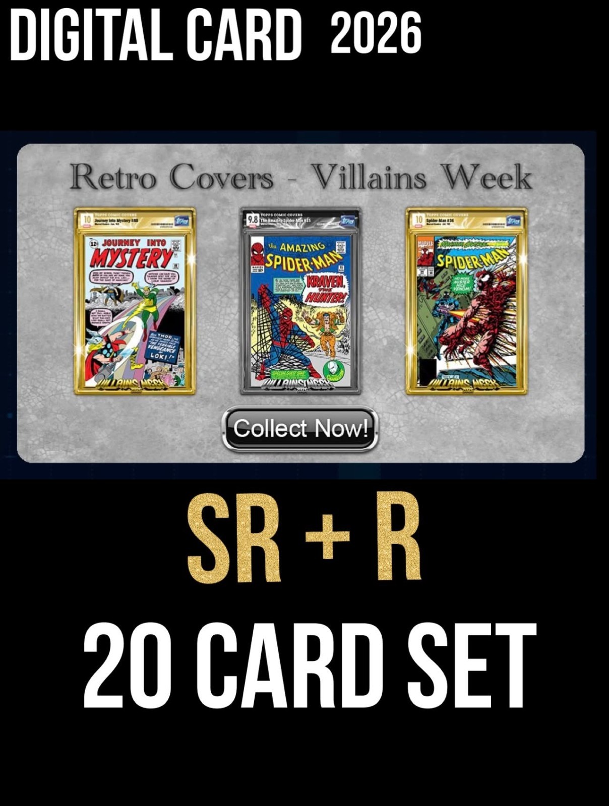 TOPPS MARVEL COLLECT RETRO COVERS 2026 VILLAINS WEEK SR+R 20 CARD SET