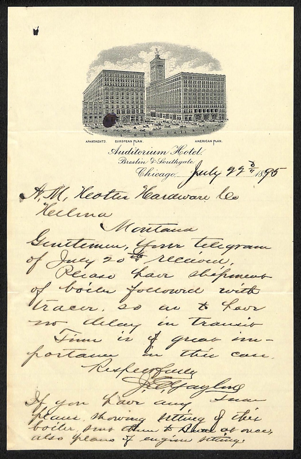 Auditorium Hotel 1895 ALS Stationary Letterhead Scarce - A.M Holter Hardware