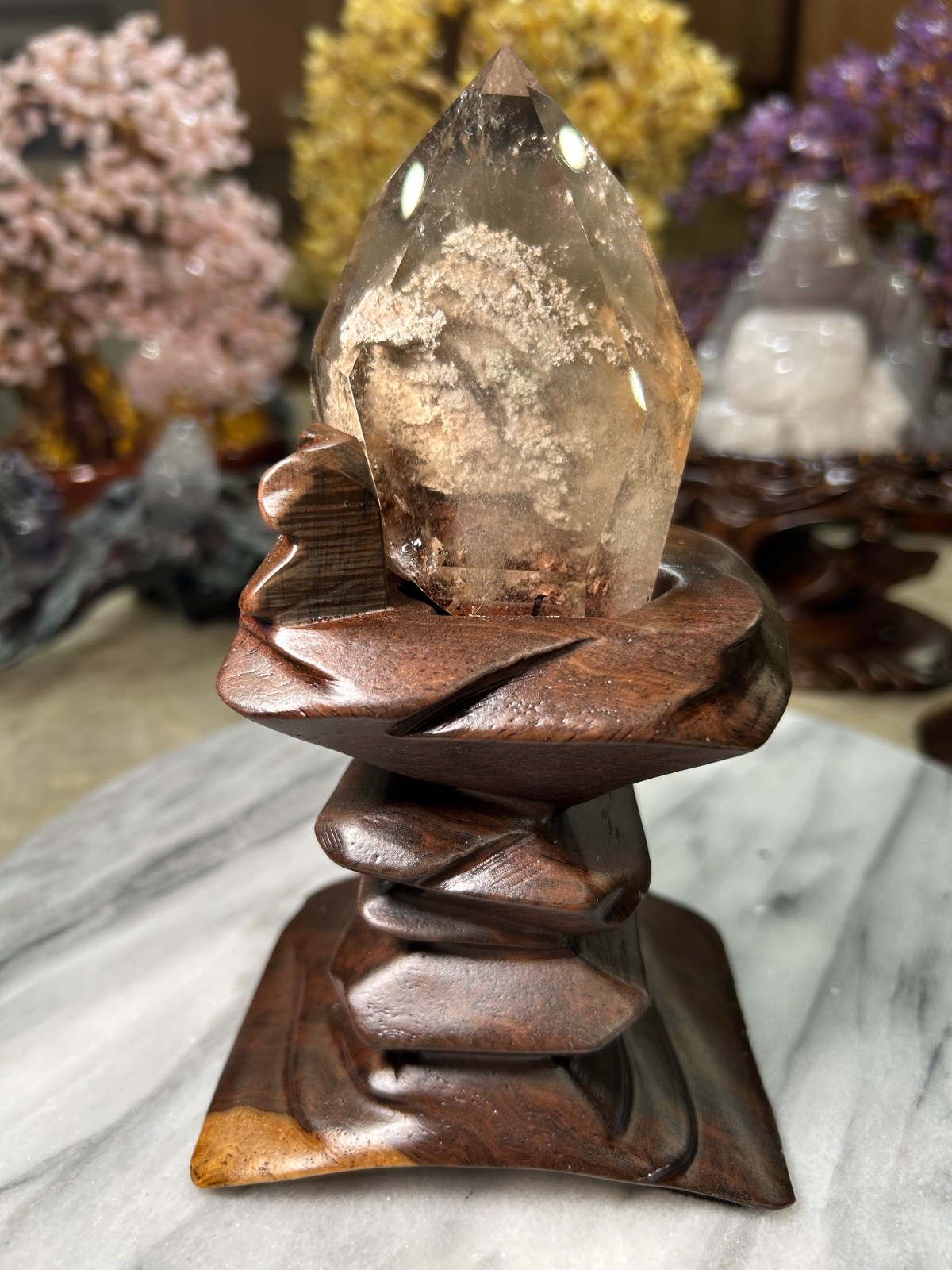 Garden Quartz white phantom free form  on custom sandalwood stand