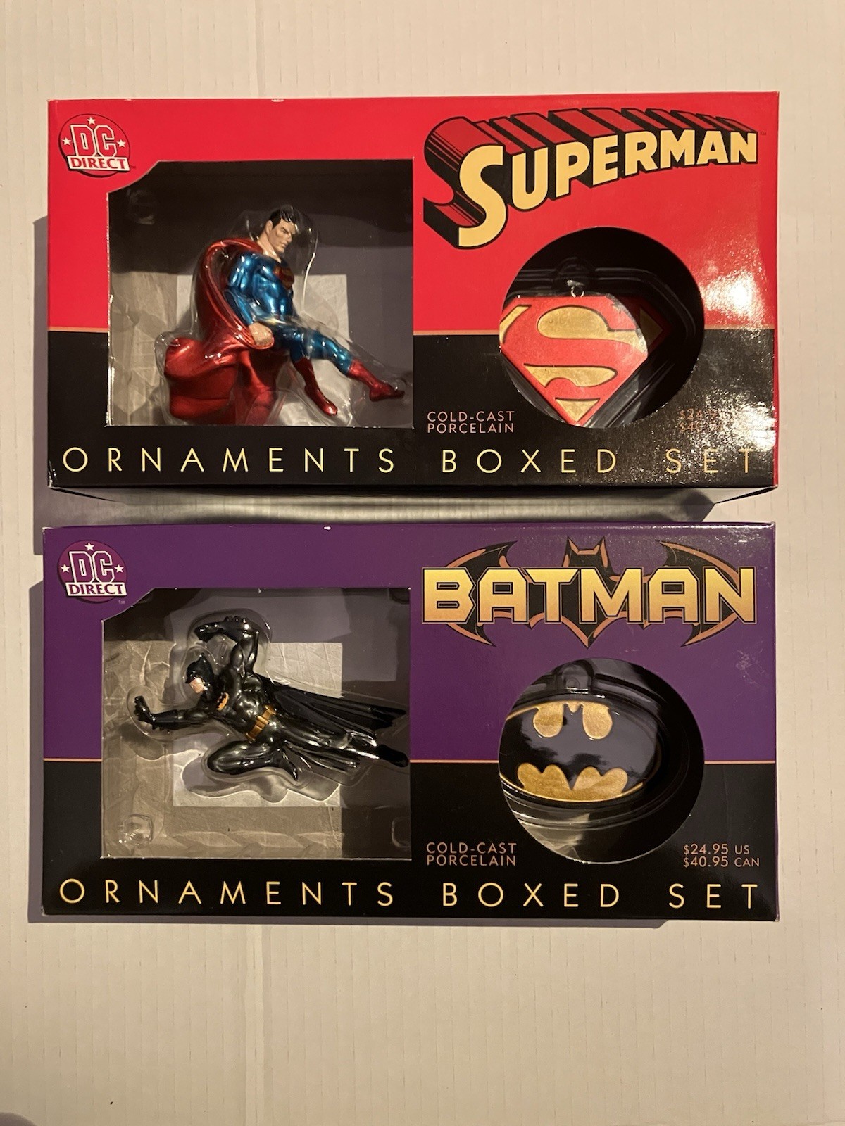DC Direct Batman and Superman Ornaments Boxed Sets 2001 Cold-Cast Porcelain DC Direct Batman and Superman Ornaments Boxed Sets 2001 Cold-Cast Porcelain