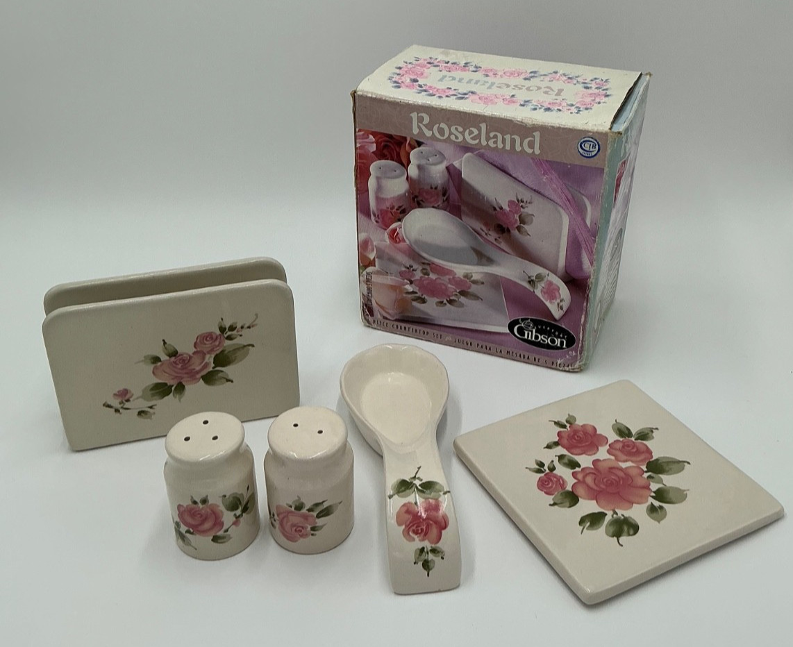 Vintage Roseland Gibson Spoon Rest Salt & Pepper, Trivet, Napkin Holder RARE NIB