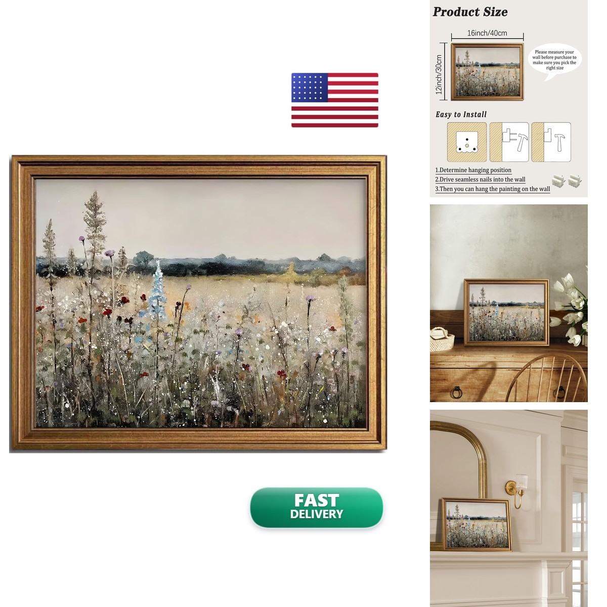 KBKBART Gold Framed Canvas Print Vintage Wildflower Field 12x16 Wall Art