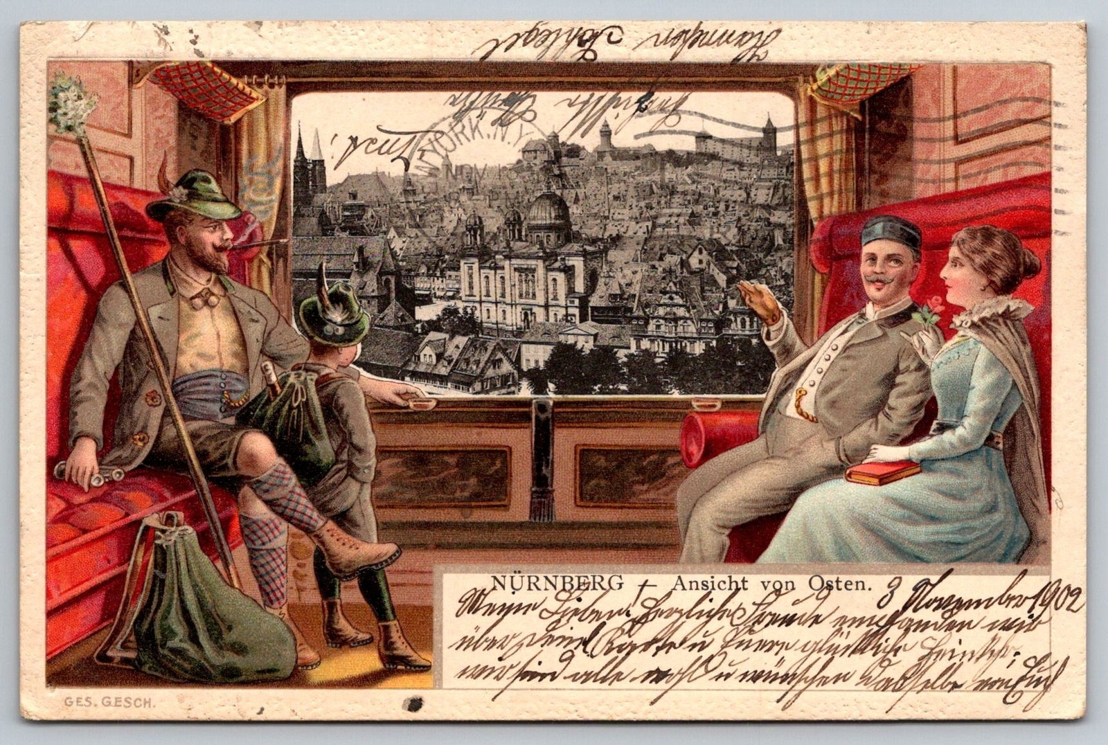 Nuremberg city view Germany Postcard Gruss Aus Bavaria train compartment 1902