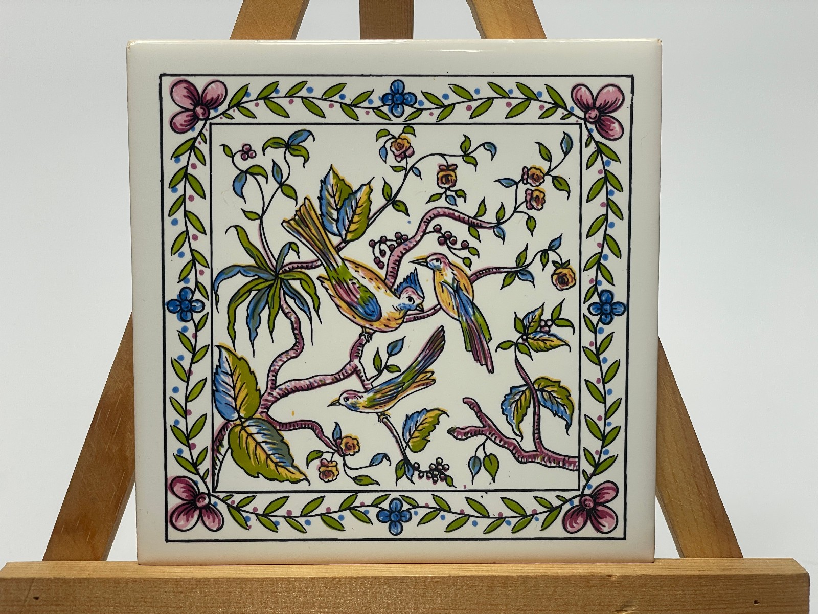 Vintage Portuguese Hand Painted Ceramic Tile Vibrant Bird & Floral Motif 4.25\
