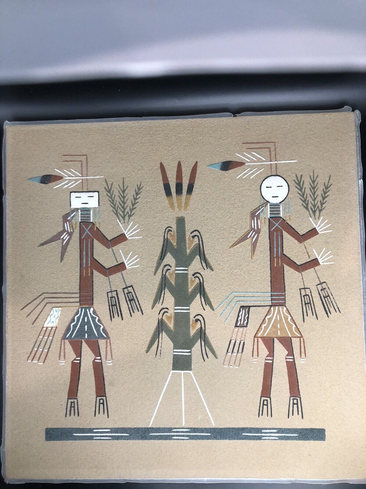 Navajo Southwest Indian Sand Painting Lightning Boy Girl Corn Inscribed 13x13