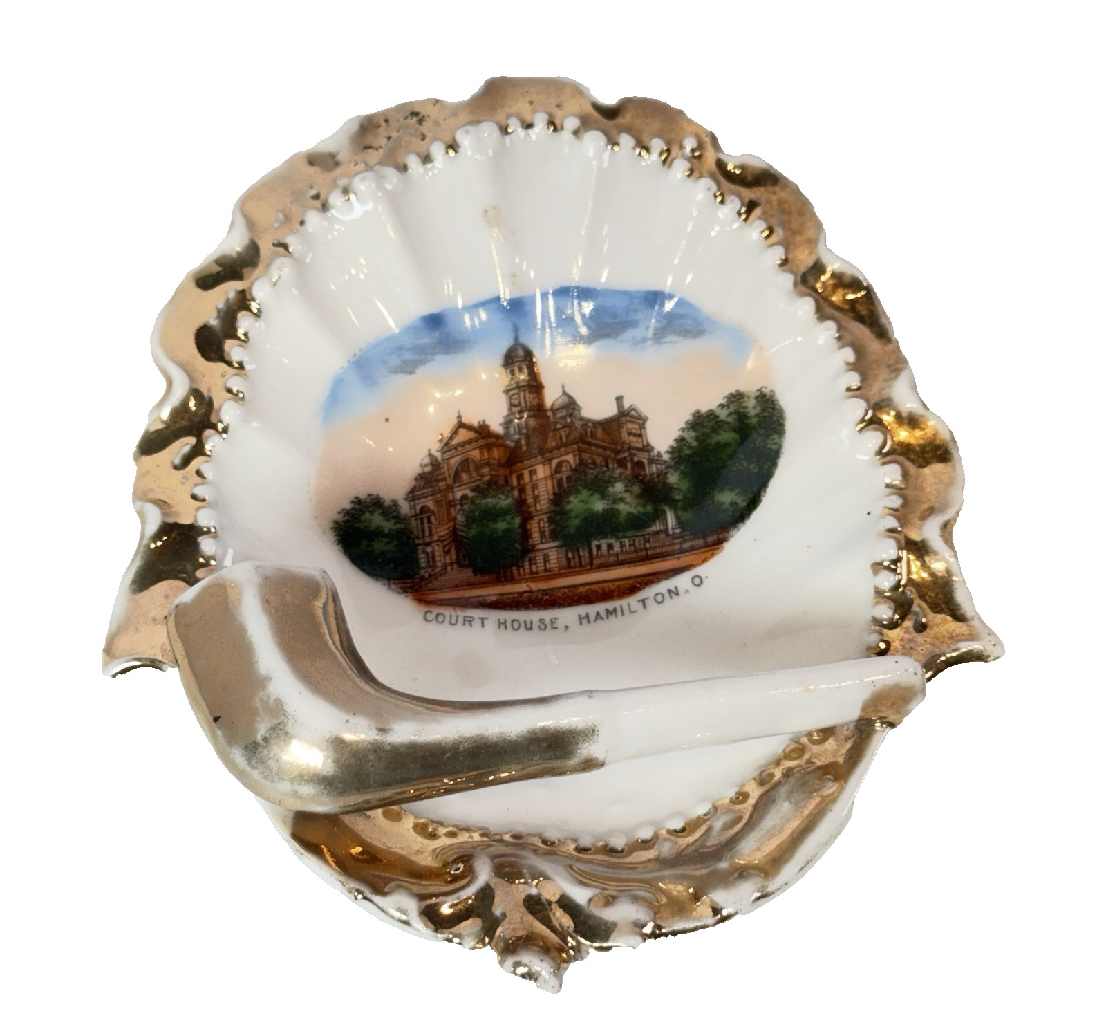 HAMILTON, OHIO OH -  COURT HOUSE - 1900s Antique Souvenir China Pipe Ashtray