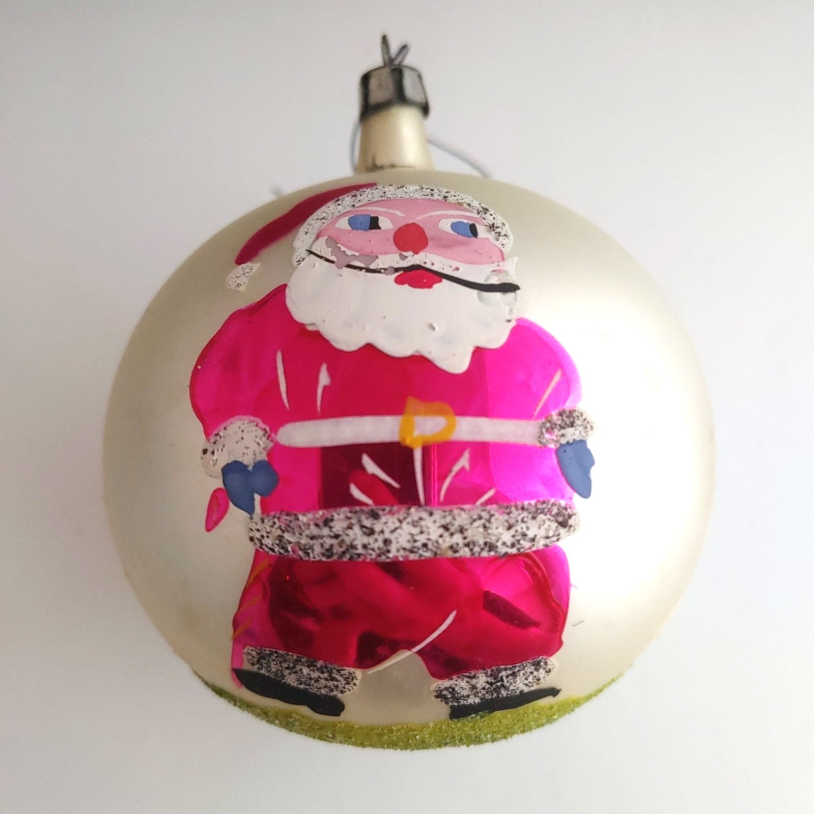 Vintage Poland SANTA Blown Glass Christmas Ornament Mica Hand Painted Tree 3”