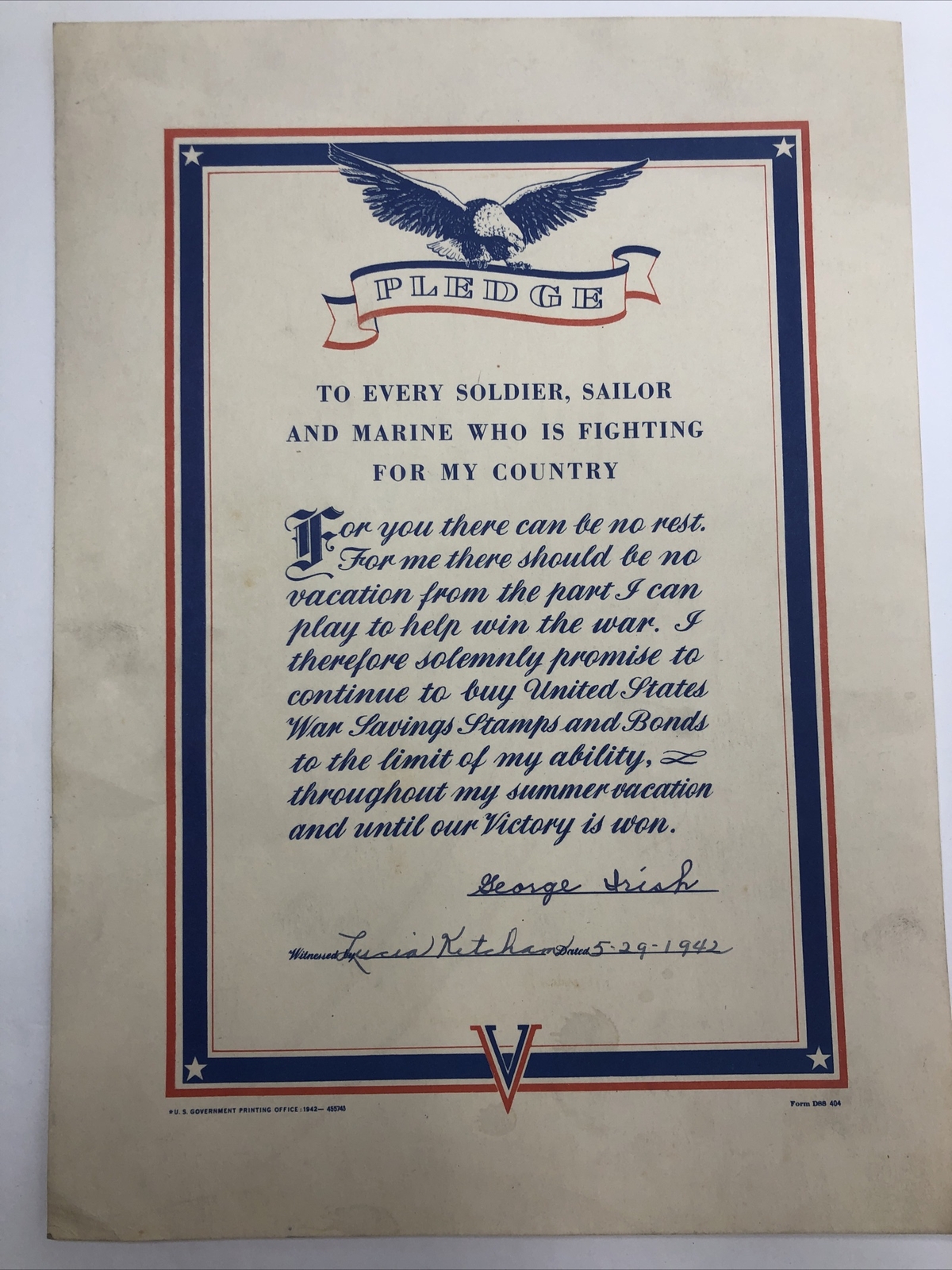 US Government Military Stamps & Bonds Pledge 1942 Signed