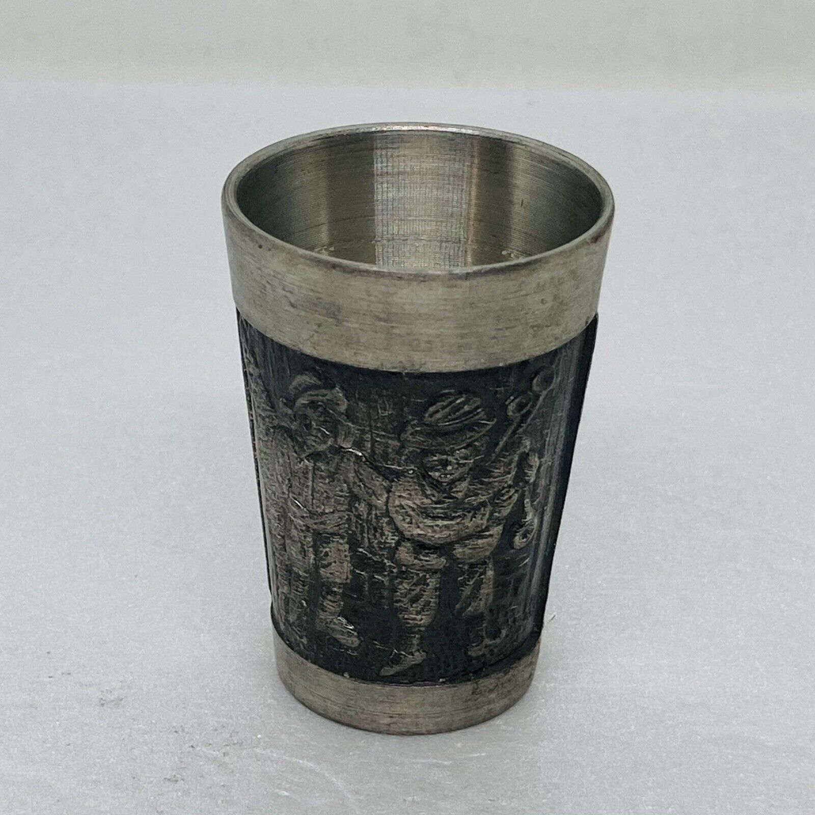 Vintage German Rein Zinn Pewter Cup Carved Shot Glass Celebration Themed Art C3