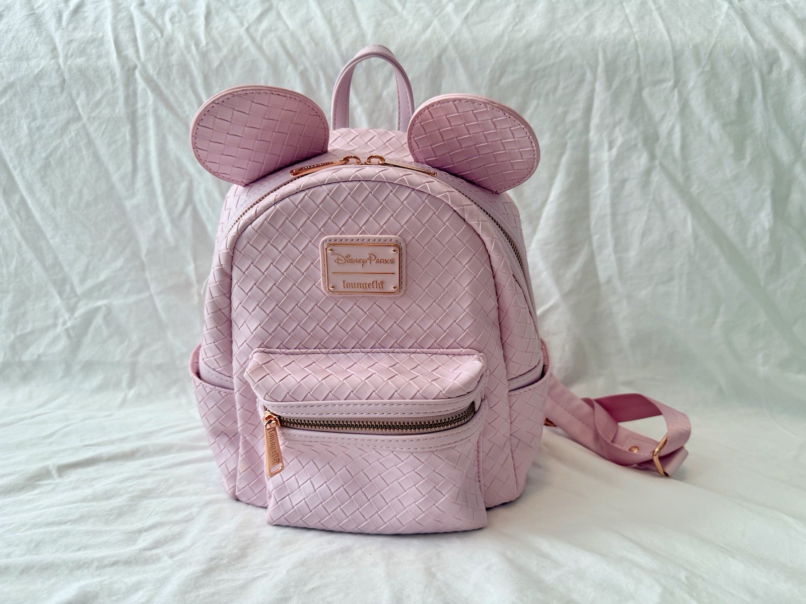 Disney Parks Loungefly Woven Minnie Mouse Ears Pink Lavender Mini Backpack