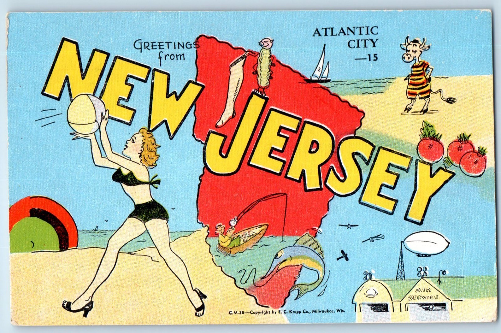 c1940 New Jersey NJ Vintage Postcard Greetings From Atlantic City View Map Girl