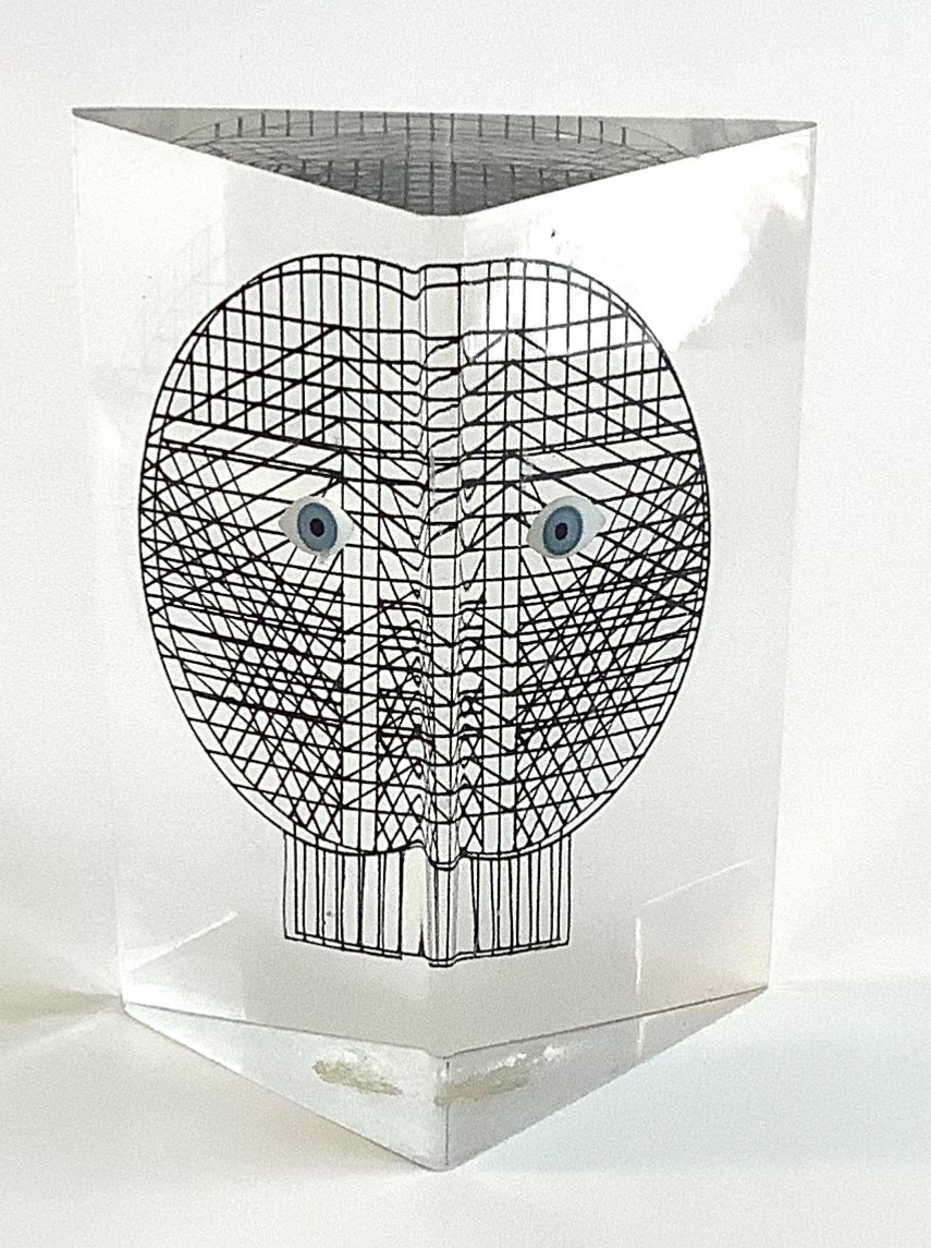 Vintage Merle Edelman Op-Art Lucite Triangular Block Face With Blue Eyes