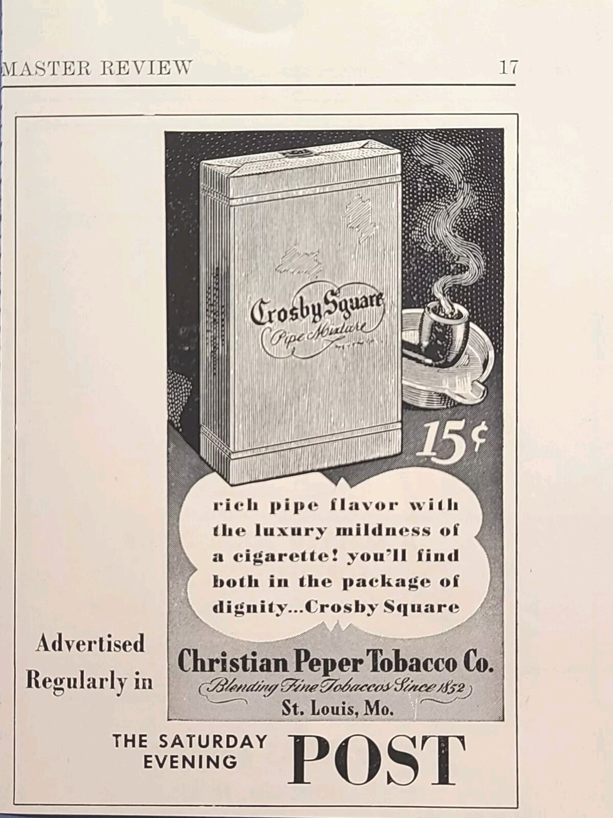 Crosby Square Pipe Mixture St Louis MO Tobacco Rich Flavor Vintage Print Ad 1943